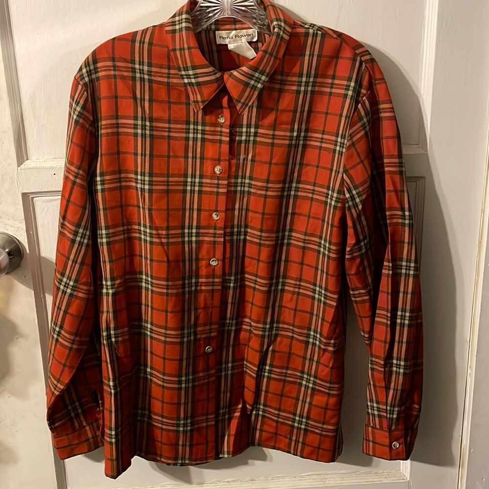 Rena Rowan, orange and green button down. Size 12.